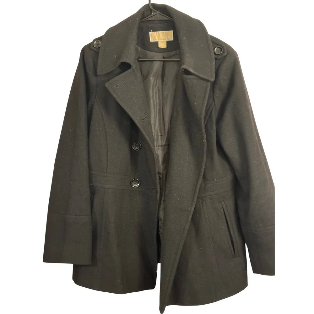 Michael Kors Womens Black Wool Blend Double Breasted‎ Pea Coat Jacket Size L